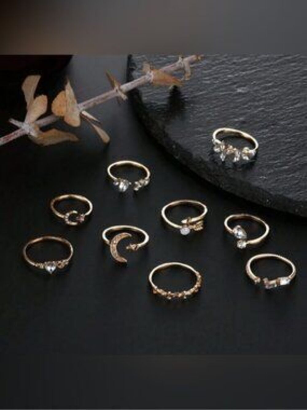 Gold 9pc Star and Moon Ring Set